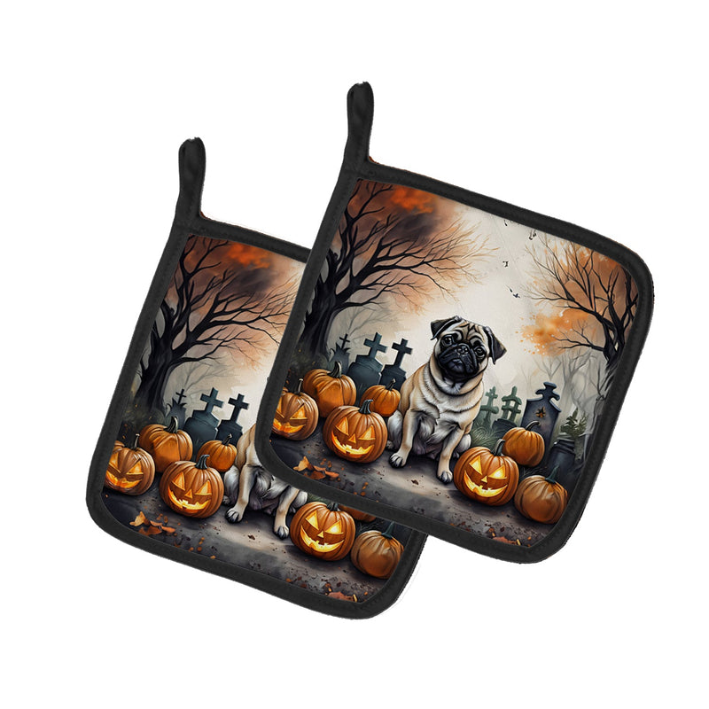 Fawn Pug Spooky Halloween Pair of Pot Holders