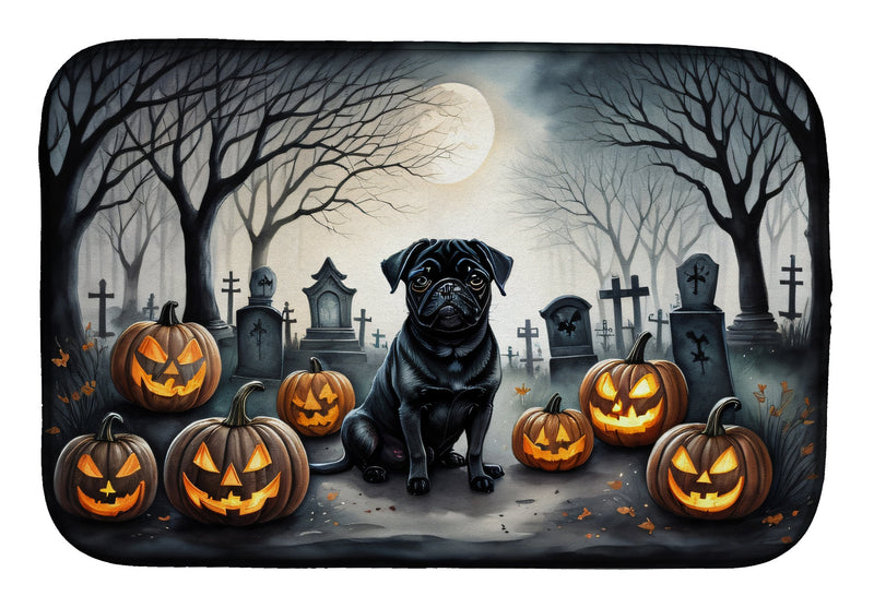 Black Pug Spooky Halloween Dish Drying Mat