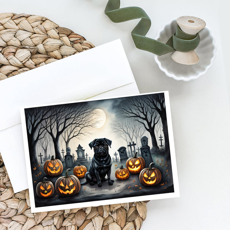 Black Pug Spooky Halloween Greeting Cards -  Blank Note Cards – 8-Pack of Artist-Designed Cards with Envelopes