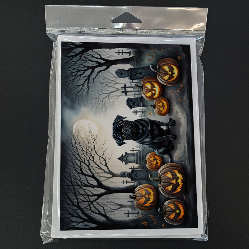 Black Pug Spooky Halloween Greeting Cards -  Blank Note Cards – 8-Pack of Artist-Designed Cards with Envelopes