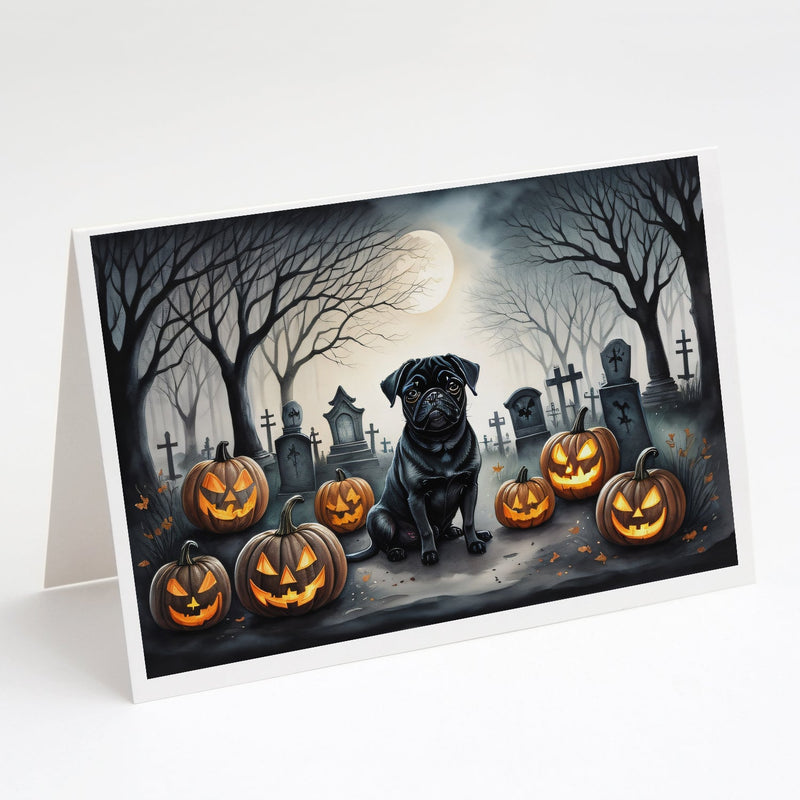 Black Pug Spooky Halloween Greeting Cards -  Blank Note Cards – 8-Pack of Artist-Designed Cards with Envelopes