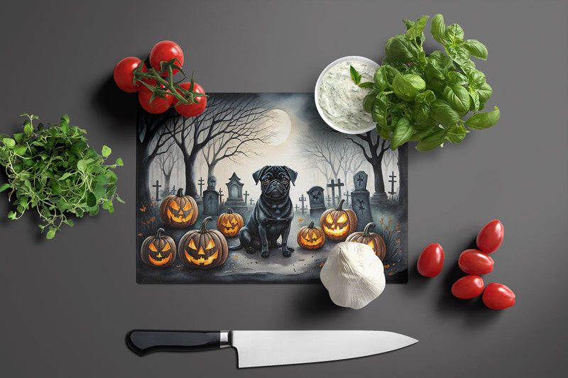 Black Pug Spooky Halloween Glass Cutting Boards – Durable, Decorative Kitchen Art Large