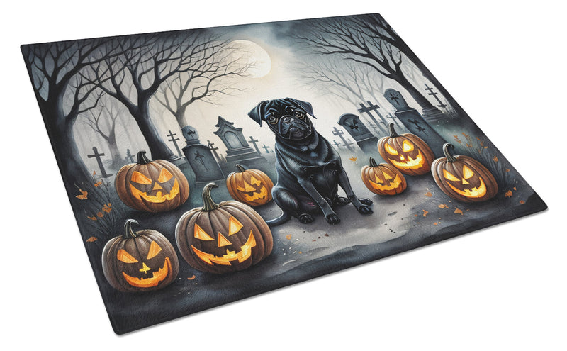 Black Pug Spooky Halloween Glass Cutting Boards – Durable, Decorative Kitchen Art Large