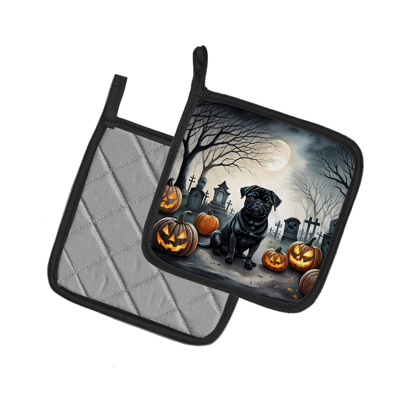 Black Pug Spooky Halloween Pot Holders - Set of 2 Decorative Kitchen Helpers | Made in the USA