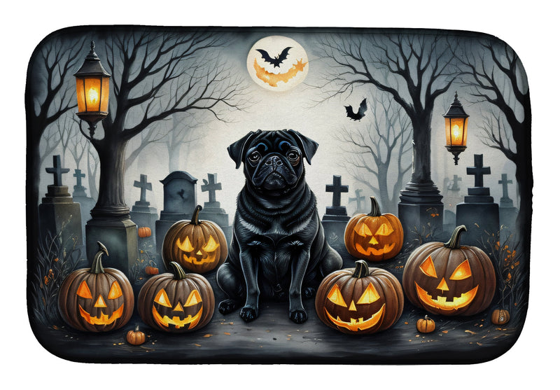 Black Pug Spooky Halloween Dish Drying Mat