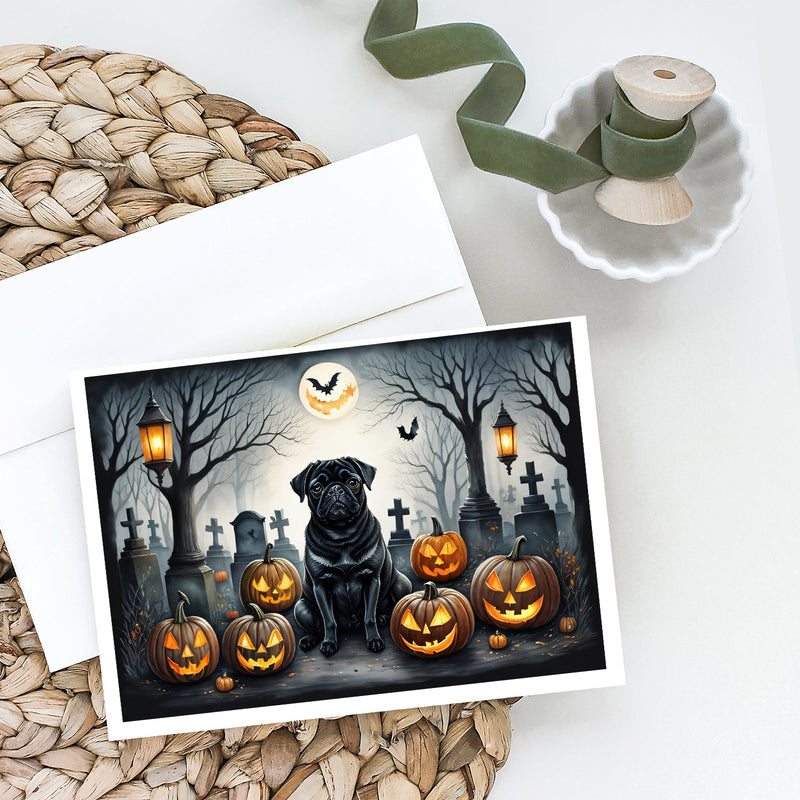 Black Pug Spooky Halloween Greeting Cards -  Blank Note Cards – 8-Pack of Artist-Designed Cards with Envelopes