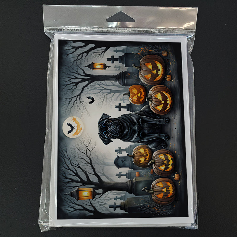 Black Pug Spooky Halloween Greeting Cards -  Blank Note Cards – 8-Pack of Artist-Designed Cards with Envelopes