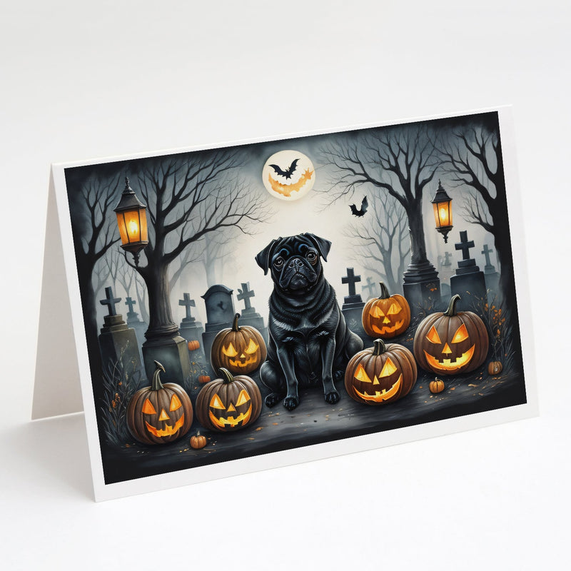 Black Pug Spooky Halloween Greeting Cards -  Blank Note Cards – 8-Pack of Artist-Designed Cards with Envelopes