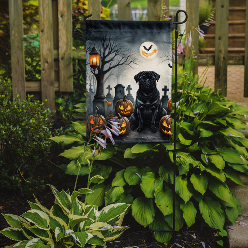 Black Pug Spooky Halloween Garden Flag – Dog in Cemetery Scene