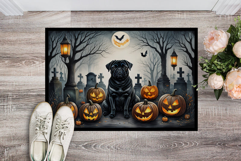 Black Pug Spooky Halloween Indoor or Outdoor Mat 24x36