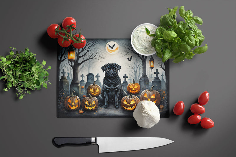 Black Pug Spooky Halloween Glass Cutting Boards – Durable, Decorative Kitchen Art Large