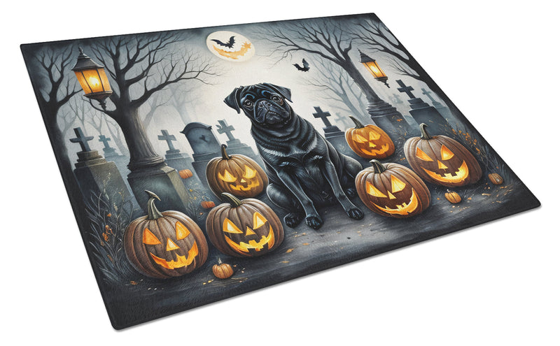 Black Pug Spooky Halloween Glass Cutting Boards – Durable, Decorative Kitchen Art Large