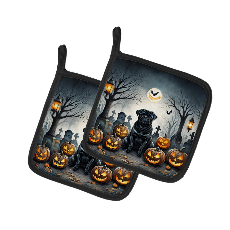 Black Pug Spooky Halloween Pot Holders - Set of 2 Decorative Kitchen Helpers | Made in the USA