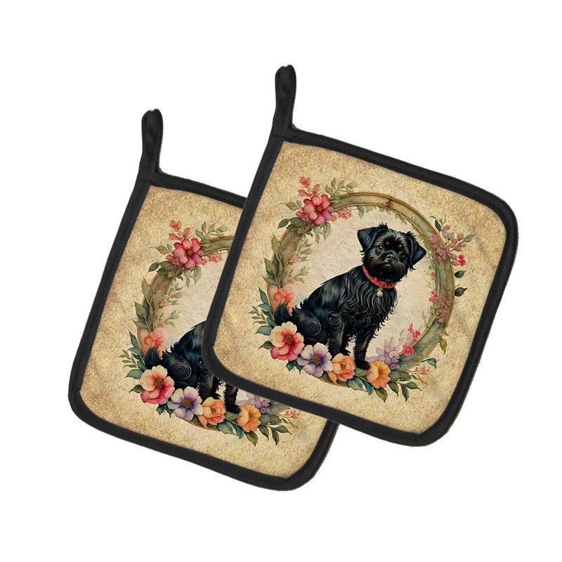 Affenpinscher and Flowers Pair of Pot Holders