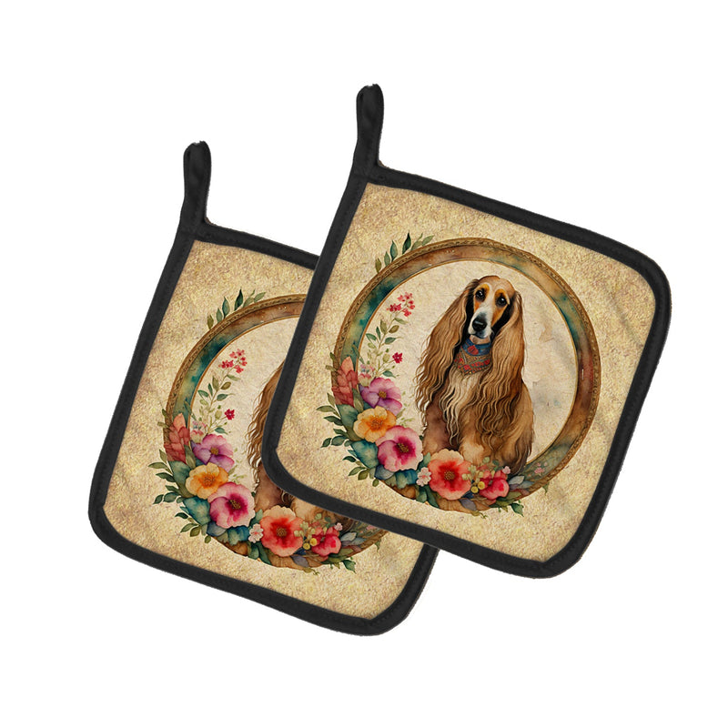 Afghan Hound and Flowers Pair of Pot Holders