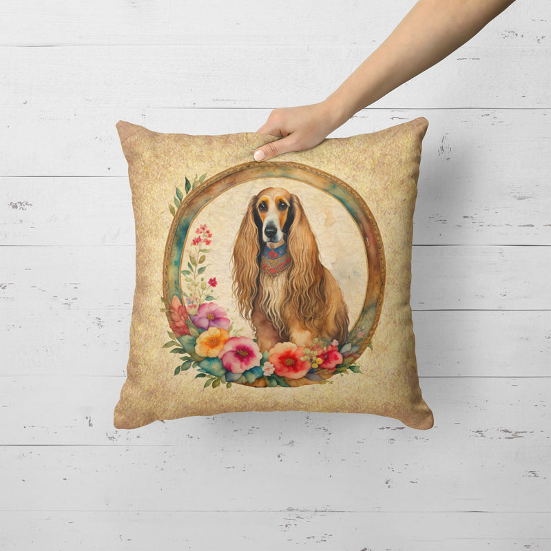 Afghan Hound and Flowers Fabric Decorative Pillow