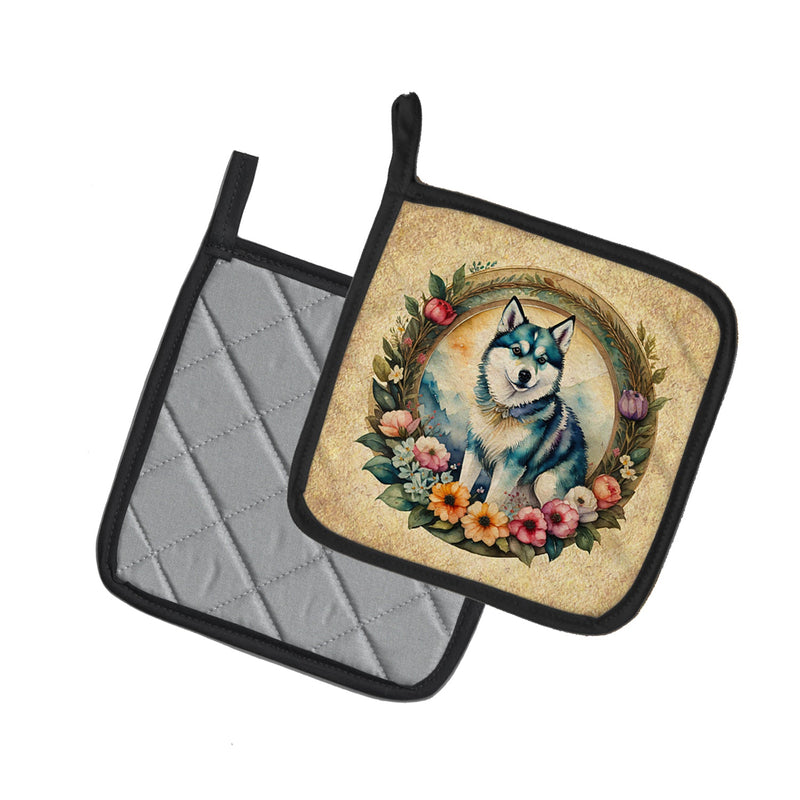 Alaskan Klee Kai and Flowers Pair of Pot Holders