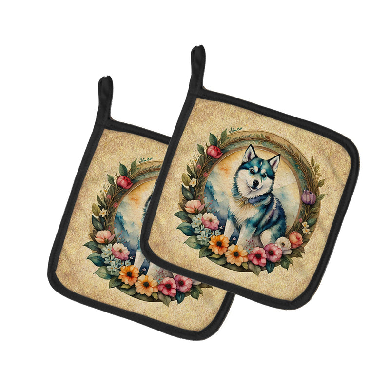 Alaskan Klee Kai and Flowers Pair of Pot Holders