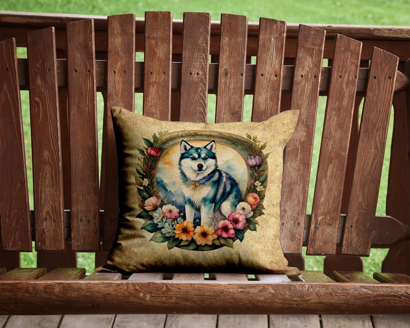 Alaskan Klee Kai and Flowers Fabric Decorative Pillow