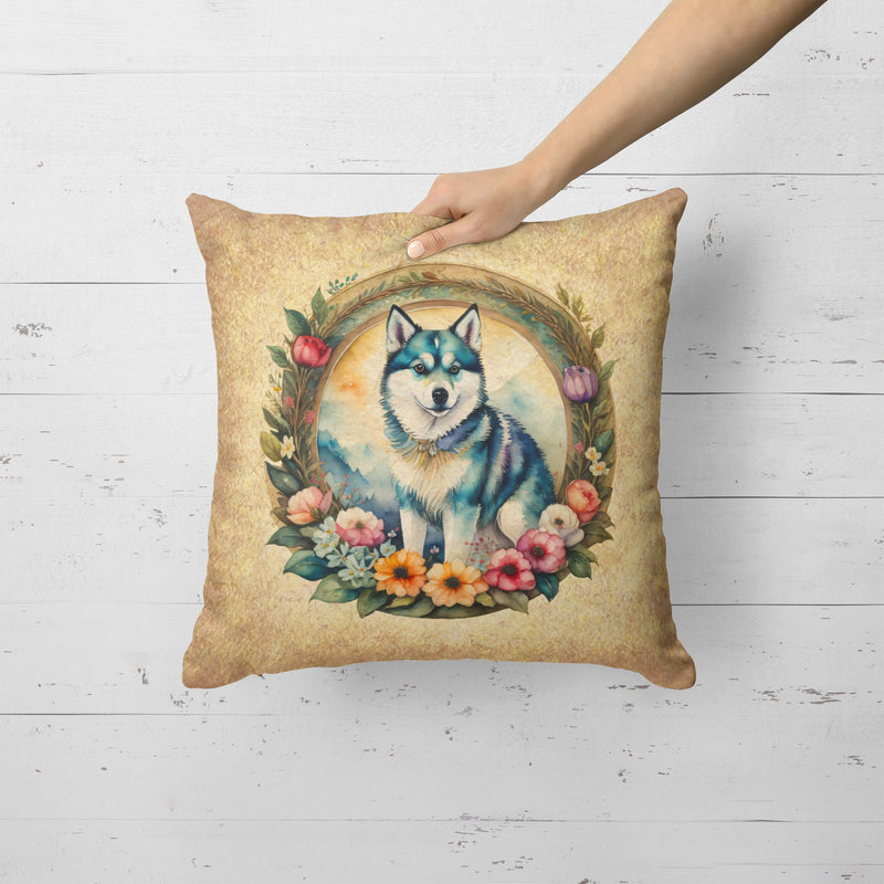 Alaskan Klee Kai and Flowers Fabric Decorative Pillow