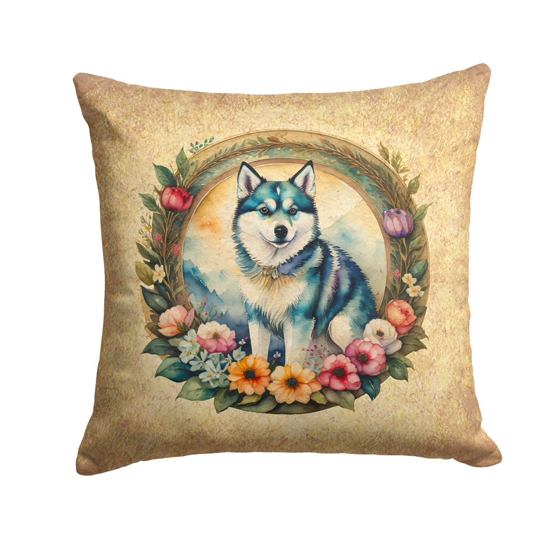 Alaskan Klee Kai and Flowers Fabric Decorative Pillow