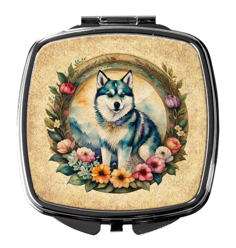 Alaskan Klee Kai and Flowers Compact Mirror – Stylish Purse Mirror with Artistic Covers