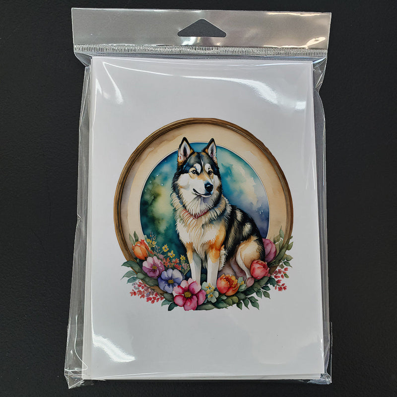 Alaskan Malamute and Flowers Greeting Cards and Envelopes Pack of 8