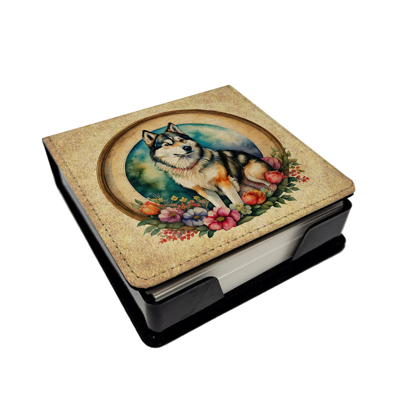 Alaskan Malamute and Flowers PU Leather Note Paper Holder