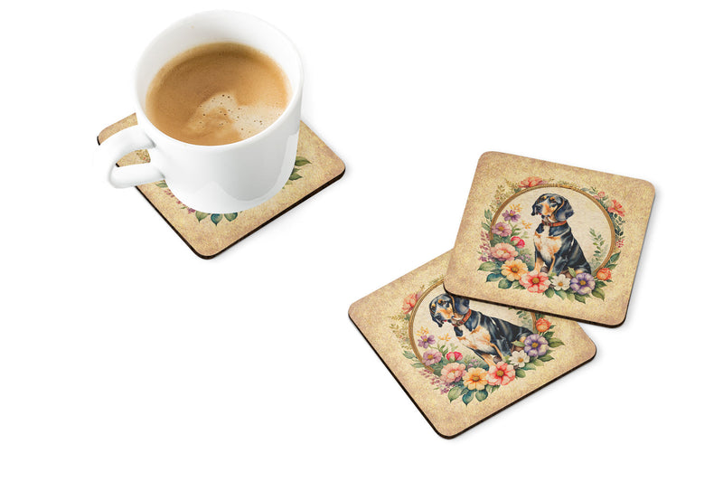 American English Coonhound and Flowers Coasters - Set of 4 Lightweight Foam, Absorbent Drink Coasters