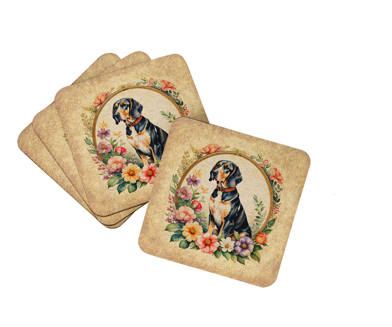 American English Coonhound and Flowers Coasters - Set of 4 Lightweight Foam, Absorbent Drink Coasters