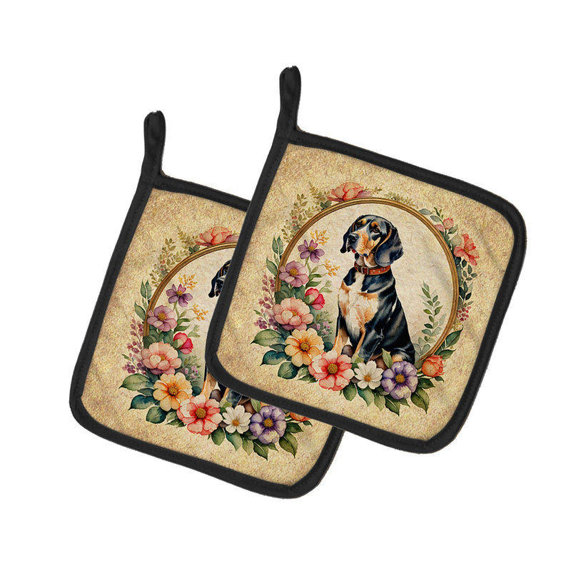 American English Coonhound and Flowers Pair of Pot Holders