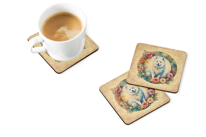 American Eskimo and Flowers Coasters - Set of 4 Lightweight Foam, Absorbent Drink Coasters