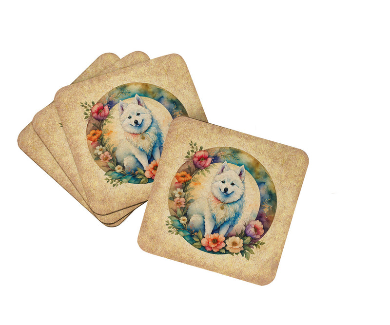 American Eskimo and Flowers Coasters - Set of 4 Lightweight Foam, Absorbent Drink Coasters