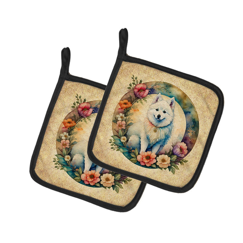 American Eskimo and Flowers Pair of Pot Holders