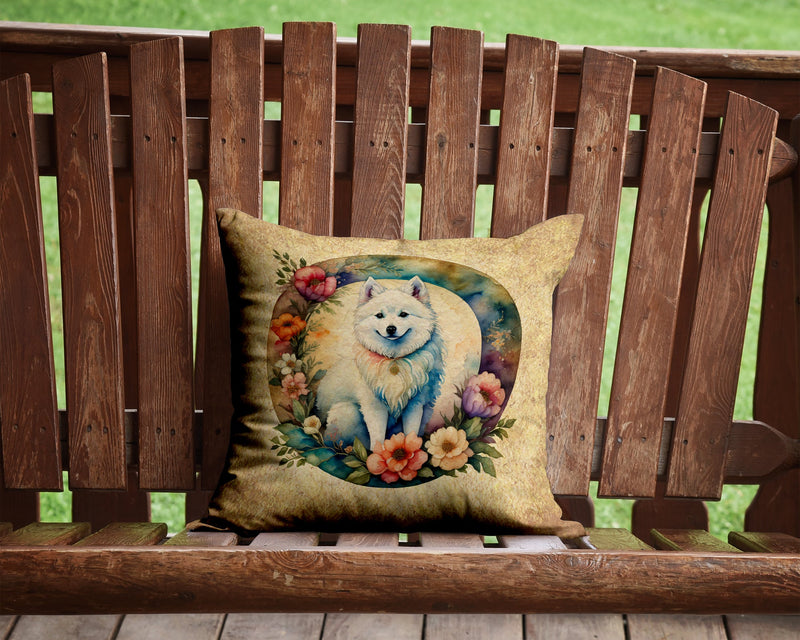 American Eskimo and Flowers Fabric Decorative Pillow