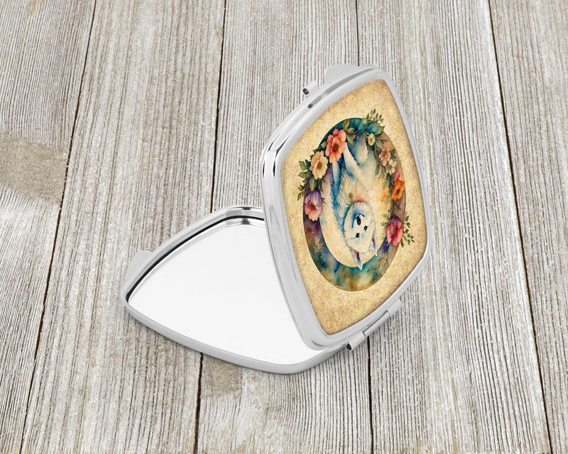 American Eskimo and Flowers Compact Mirror – Stylish Purse Mirror with Artistic Covers