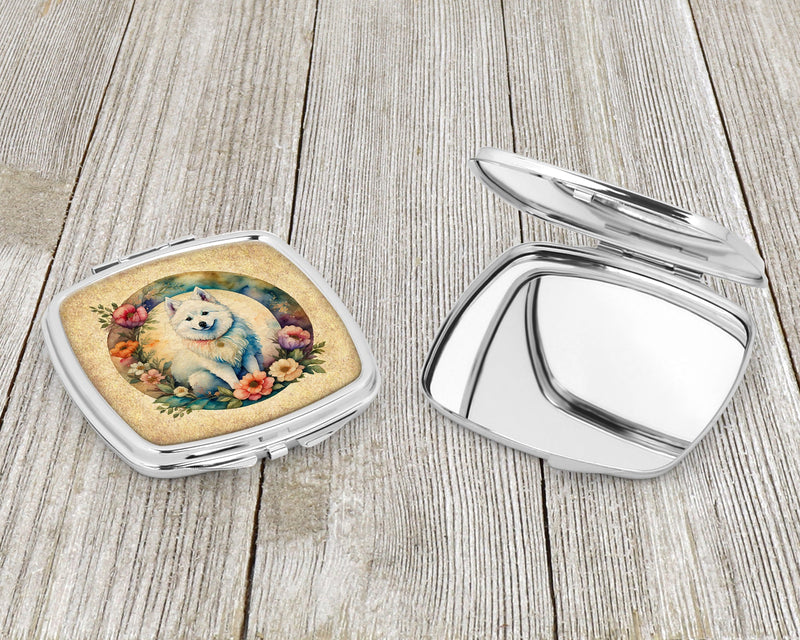 American Eskimo and Flowers Compact Mirror – Stylish Purse Mirror with Artistic Covers