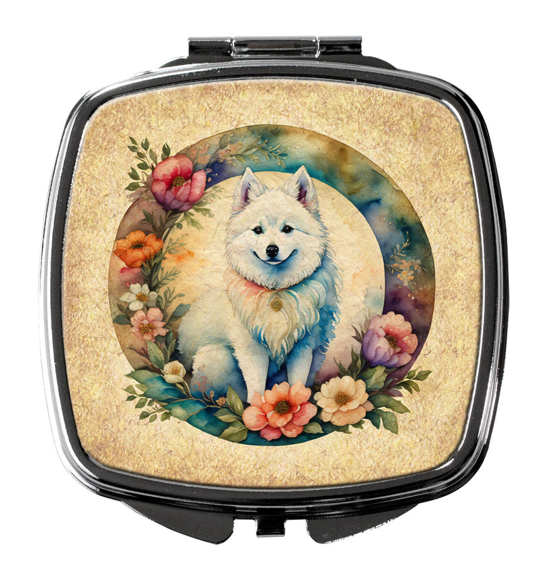American Eskimo and Flowers Compact Mirror – Stylish Purse Mirror with Artistic Covers