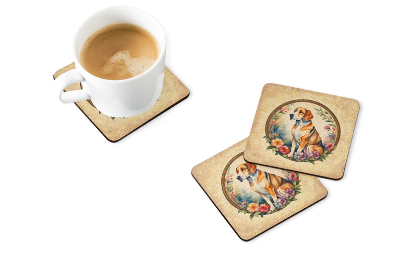 American Foxhound and Flowers Coasters - Set of 4 Lightweight Foam, Absorbent Drink Coasters
