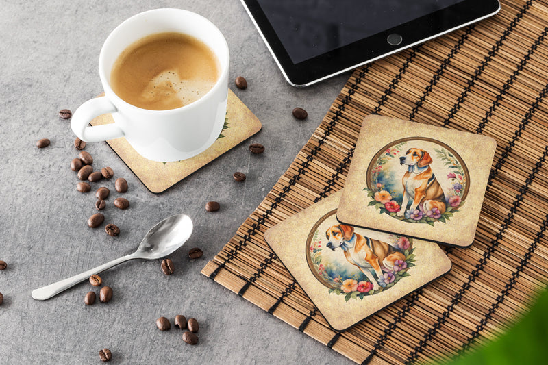 American Foxhound and Flowers Coasters - Set of 4 Lightweight Foam, Absorbent Drink Coasters