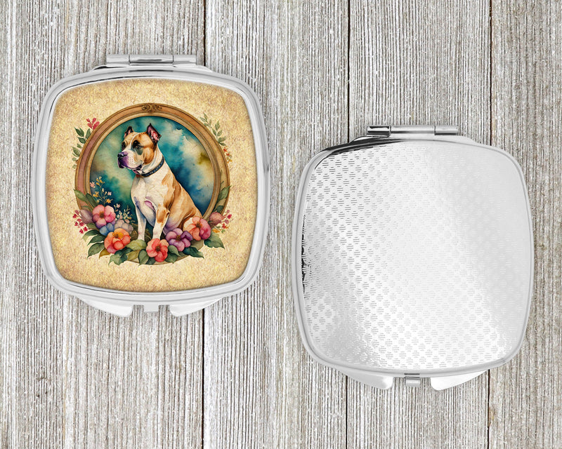 American Staffordshire Terrier and Flowers Compact Mirror – Stylish Purse Mirror with Artistic Covers