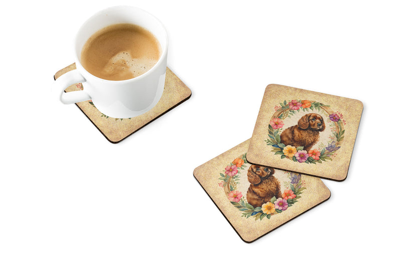 American Water Spaniel and Flowers Coasters - Set of 4 Lightweight Foam, Absorbent Drink Coasters