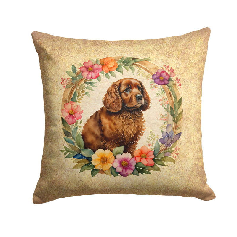 American Water Spaniel and Flowers Throw Pillow - 14x14 Decorative Pillow – Art for Your Home & Patio
