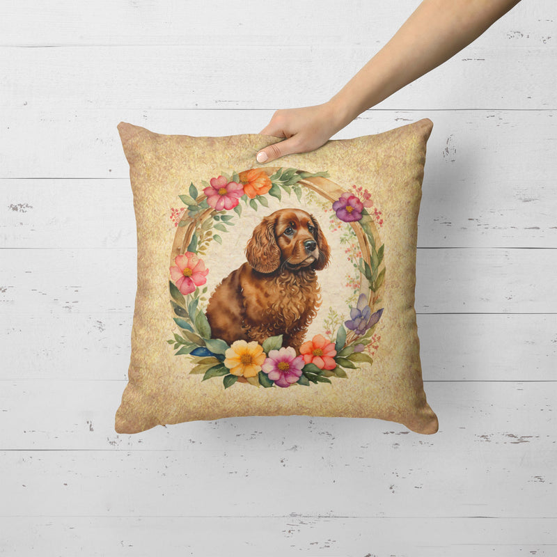 American Water Spaniel and Flowers Fabric Decorative Pillow