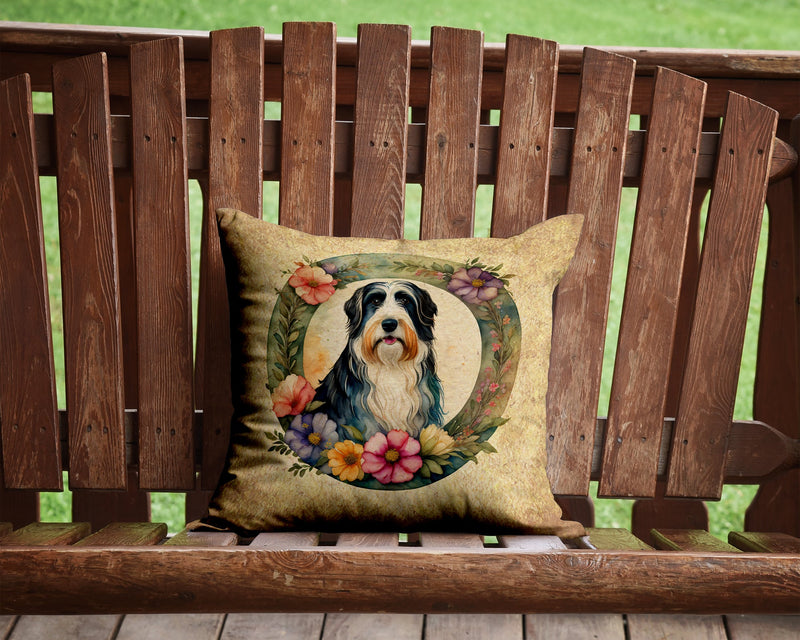 Bearded Collie and Flowers Throw Pillow - 14x14 Decorative Pillow – Art for Your Home & Patio
