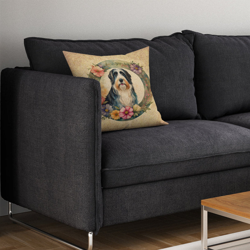 Bearded Collie and Flowers Throw Pillow - 14x14 Decorative Pillow – Art for Your Home & Patio