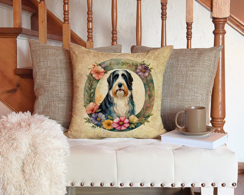 Bearded Collie and Flowers Throw Pillow - 14x14 Decorative Pillow – Art for Your Home & Patio