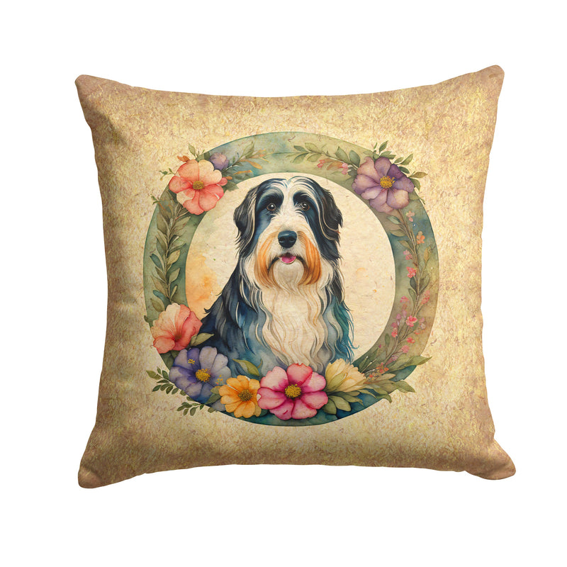 Bearded Collie and Flowers Throw Pillow - 14x14 Decorative Pillow – Art for Your Home & Patio