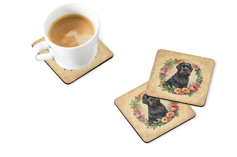 Black Russian Terrier and Flowers Coasters - Set of 4 Lightweight Foam, Absorbent Drink Coasters