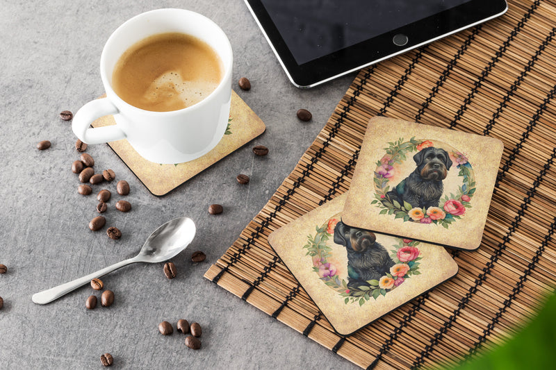 Black Russian Terrier and Flowers Coasters - Set of 4 Lightweight Foam, Absorbent Drink Coasters